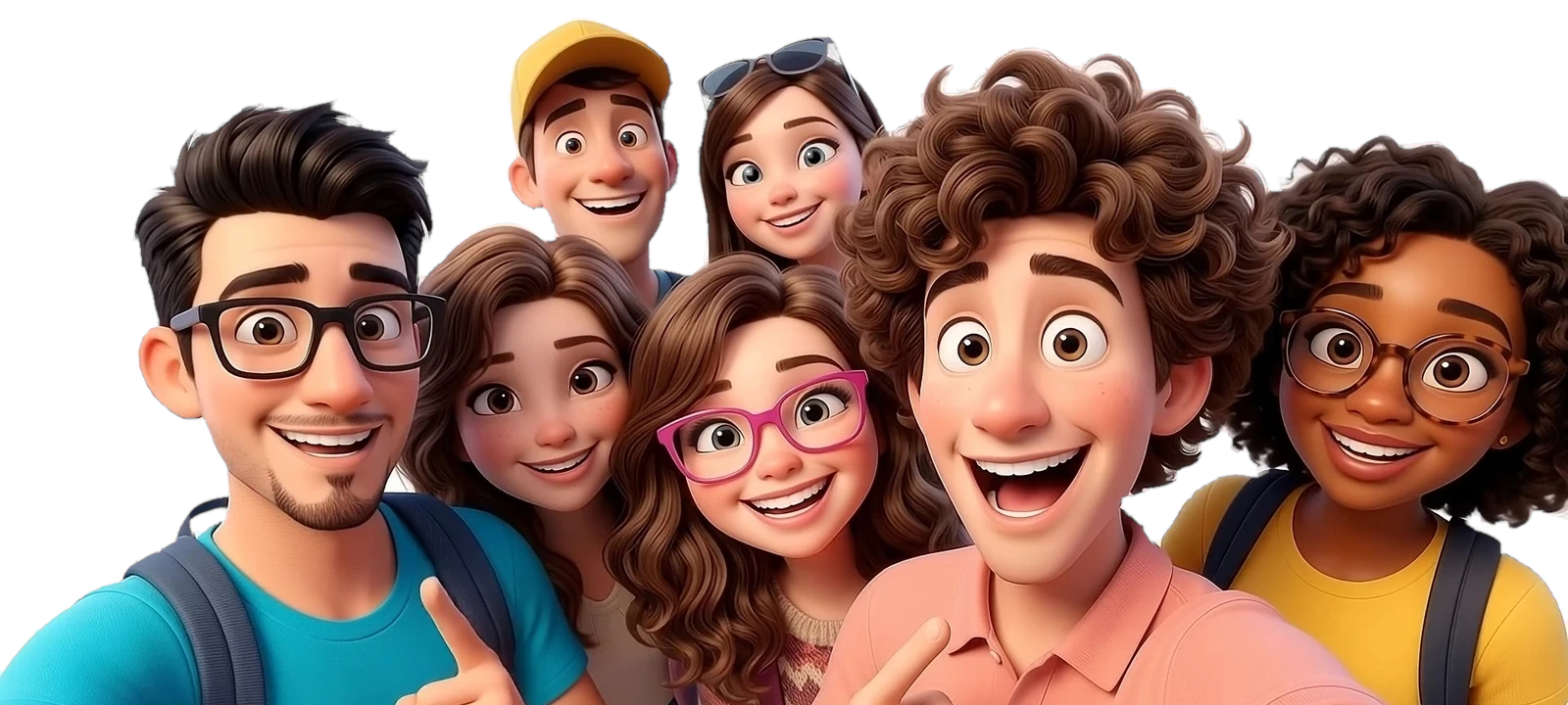 A group of seven smiling students taking a selfie together